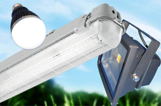 EPA Lighting Products Image showing some lighting products supplied by EPA Products consisting of dimmable LED Bulb, dimmable High Frequency Flourescent Light and Dimmable LED Flood Light.